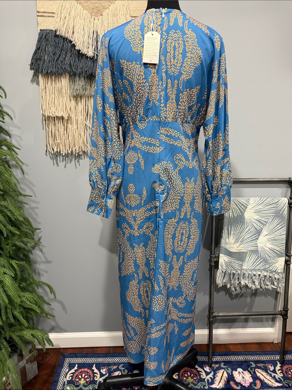 Blue Golden Yellow Twist Front Maxi Dress Boho Resort Vacation Long Sleeve NWT - Picture 4 of 9